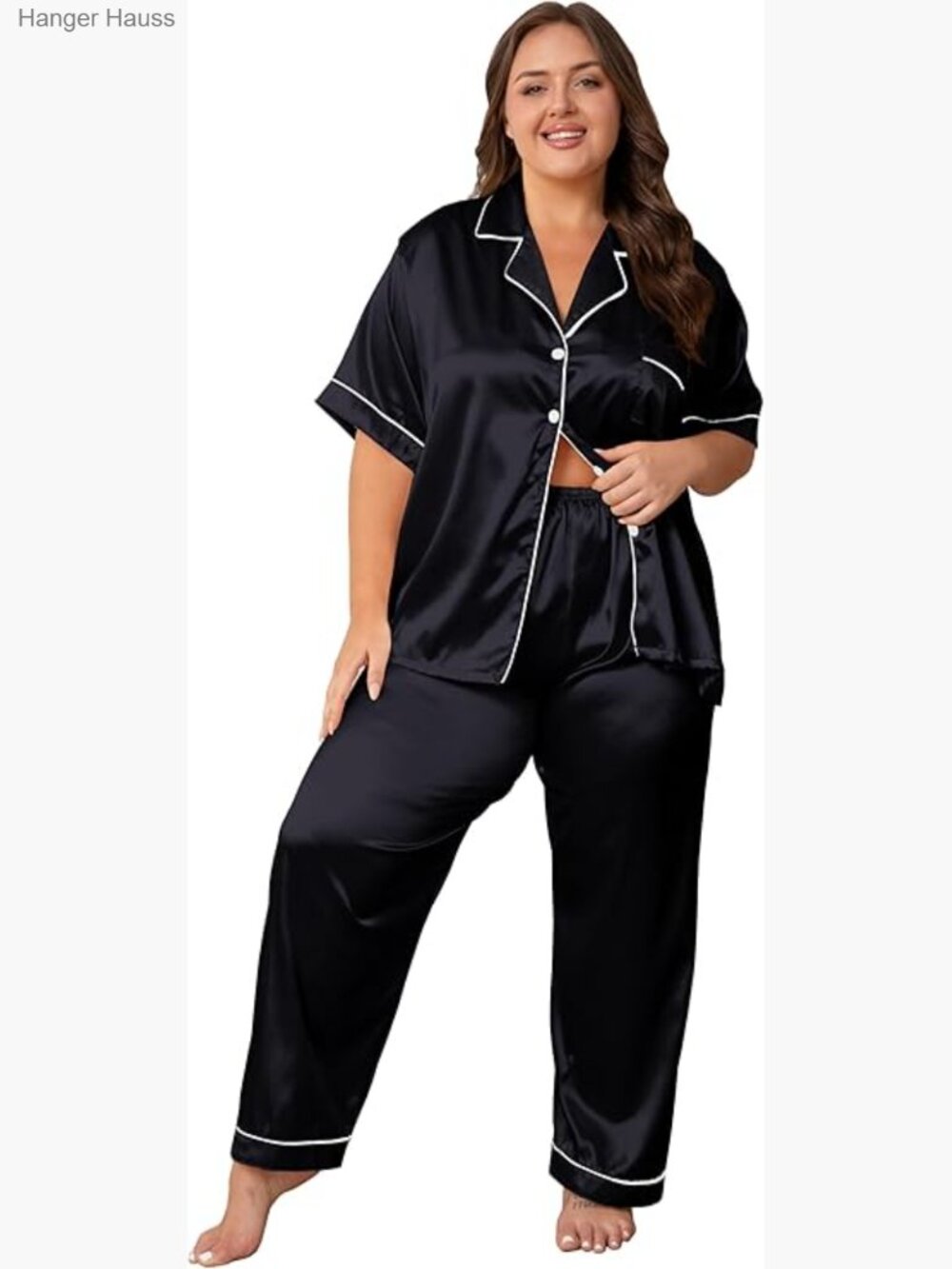 Satin Pajama Set Short Sleeve Button Down Top & Pants Plus Size Sleepwear